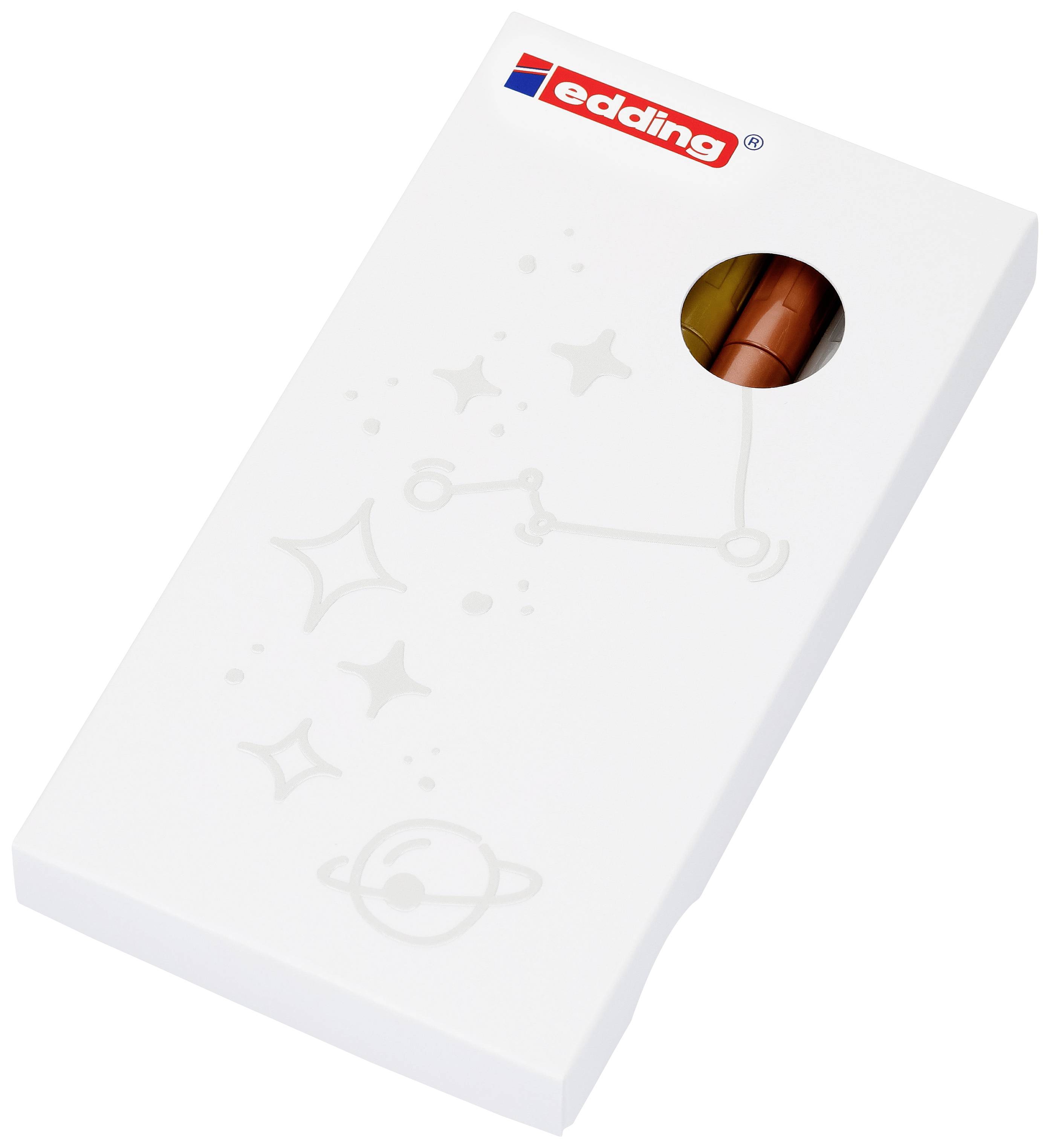 White packaging with 'edding' logo and transparent window displaying pens. Astronomical symbols and stars on the packaging.