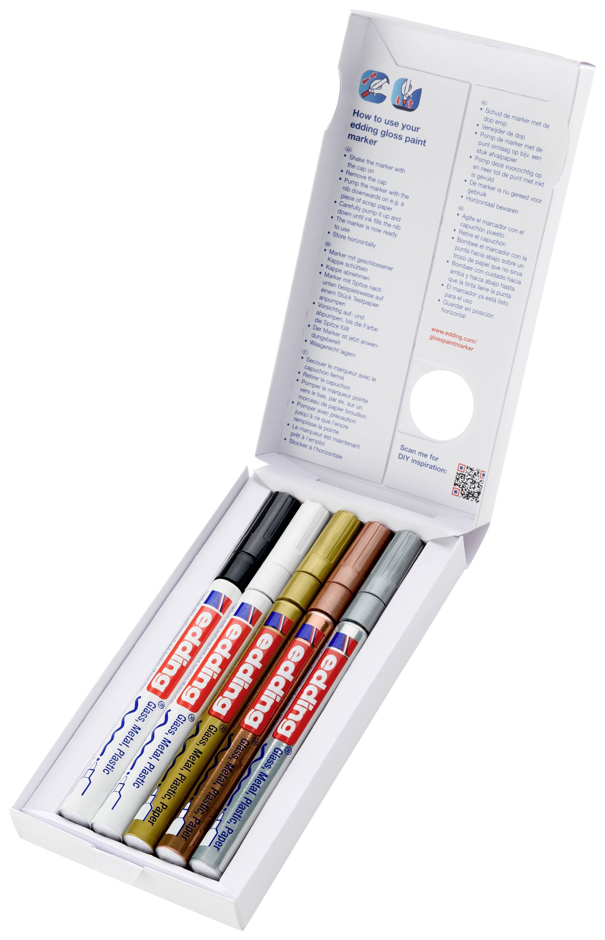 Five pens in different colours in an open box. The colours are Black, White, Gold, Silver and Brown.