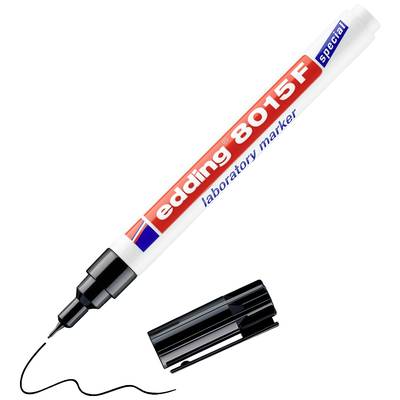 A white laboratory pen with the inscription 'edding 8015 F' and black ink lies next to a removed black cap.