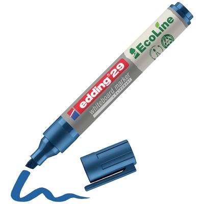 A blue whiteboard marker with the inscription 'edding 29 EcoLine', beside it a removed cap and a blue line as a sample drawing.