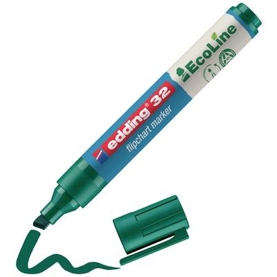 'edding 32 EcoLine Flipchart Marker' in green with cap unscrewed, next to cap and test line.
