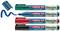 Four Edding 32 flipchart markers in Green, Blue, Red and Black, lying side by side, with a blue line drawn across them.