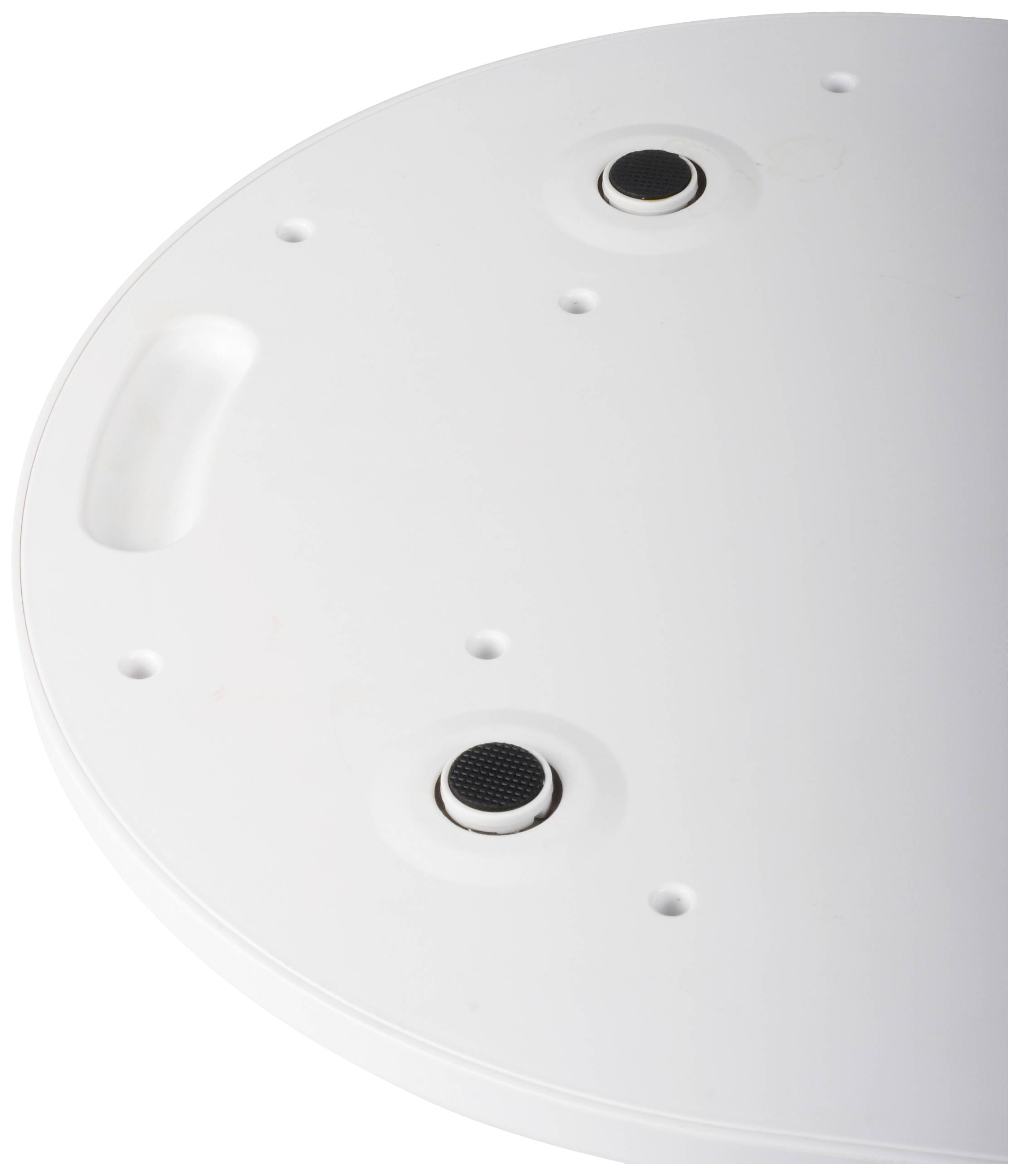 A white circular object with holes and a handle, presumably part of a housing or technical device.