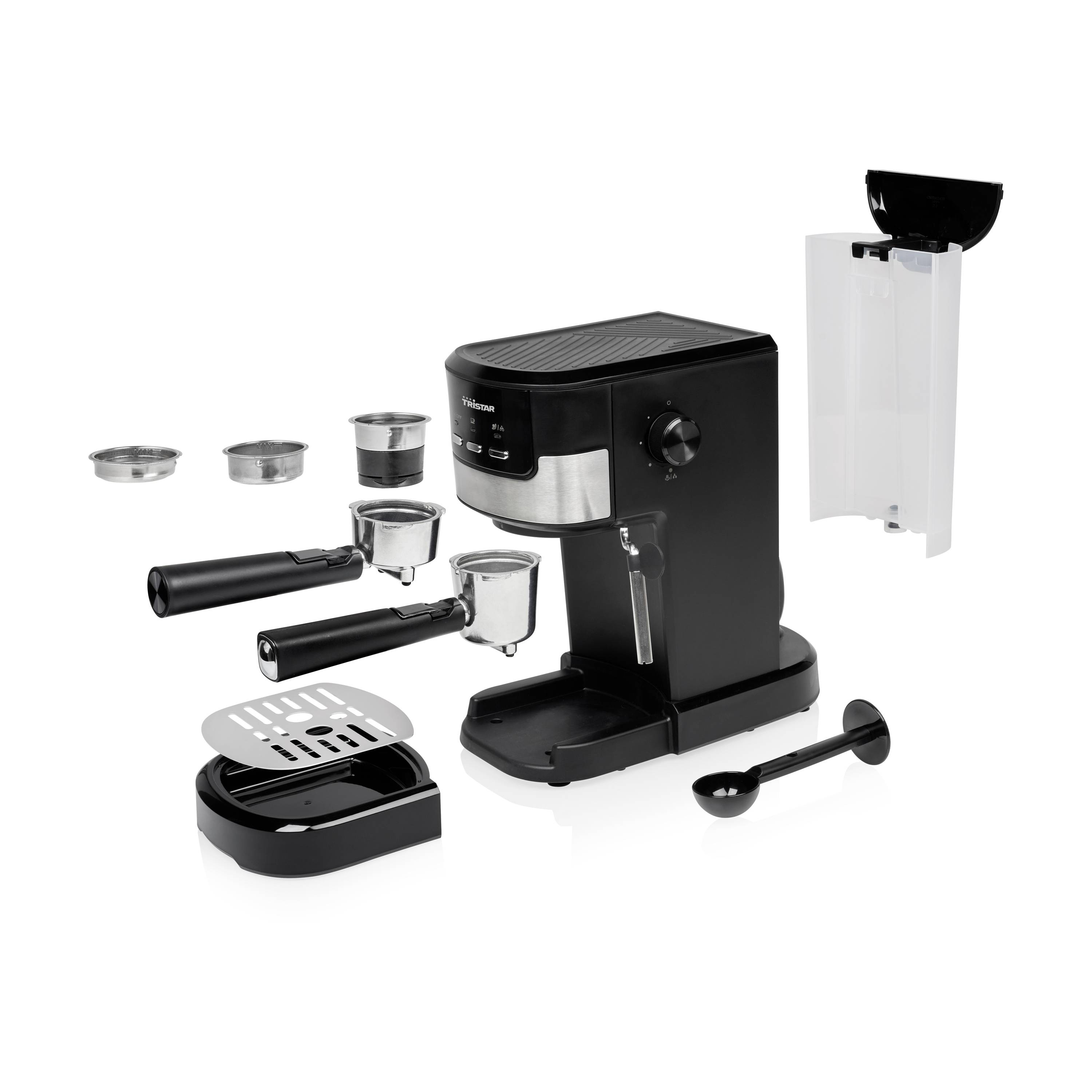 Black espresso machine with removable parts, including portafilter and filter. Accessories include water reservoir, coffee measure, and drip tray.