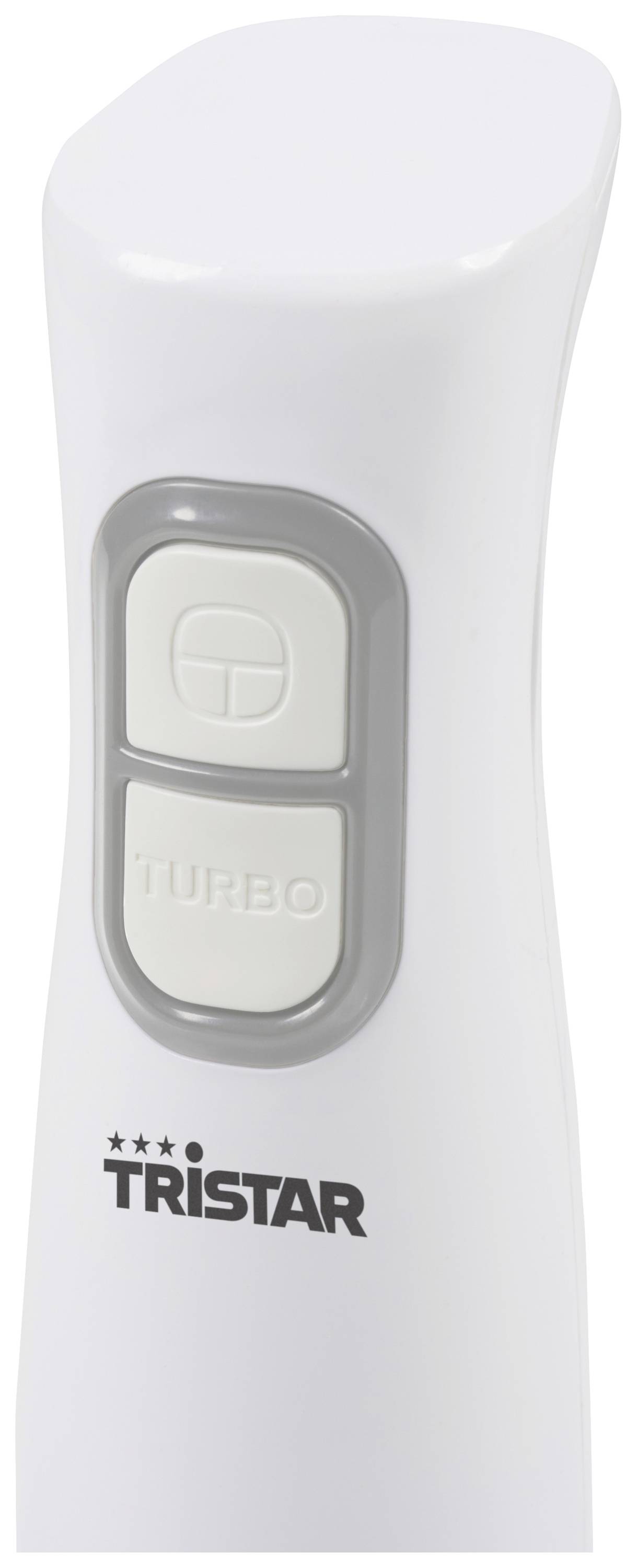 White hand mixer by Tristar with two buttons: one for standard operation and one for the 'turbo' function.