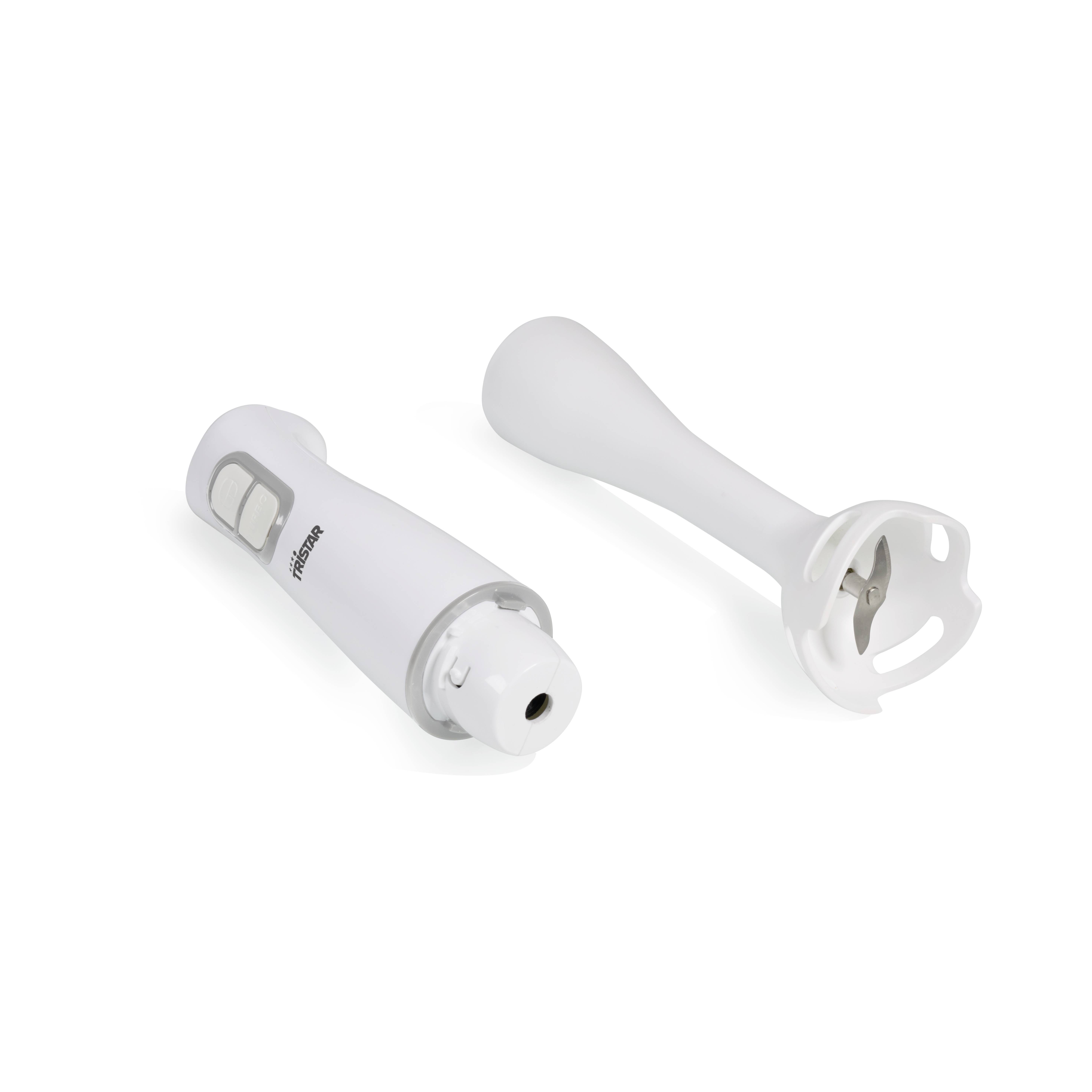 A white hand blender lies in two parts on a white surface. On the left is the handle with buttons, on the right is the mixing attachment.