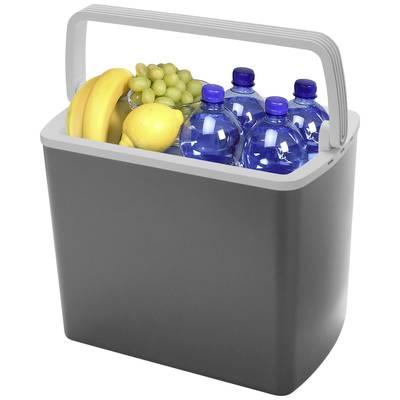 A grey cool box, filled with bananas, lemons, grapes and water bottles.