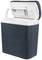 An open, navy blue cool box with a white lid, suitable for storing food and drinks, portable with a handle.