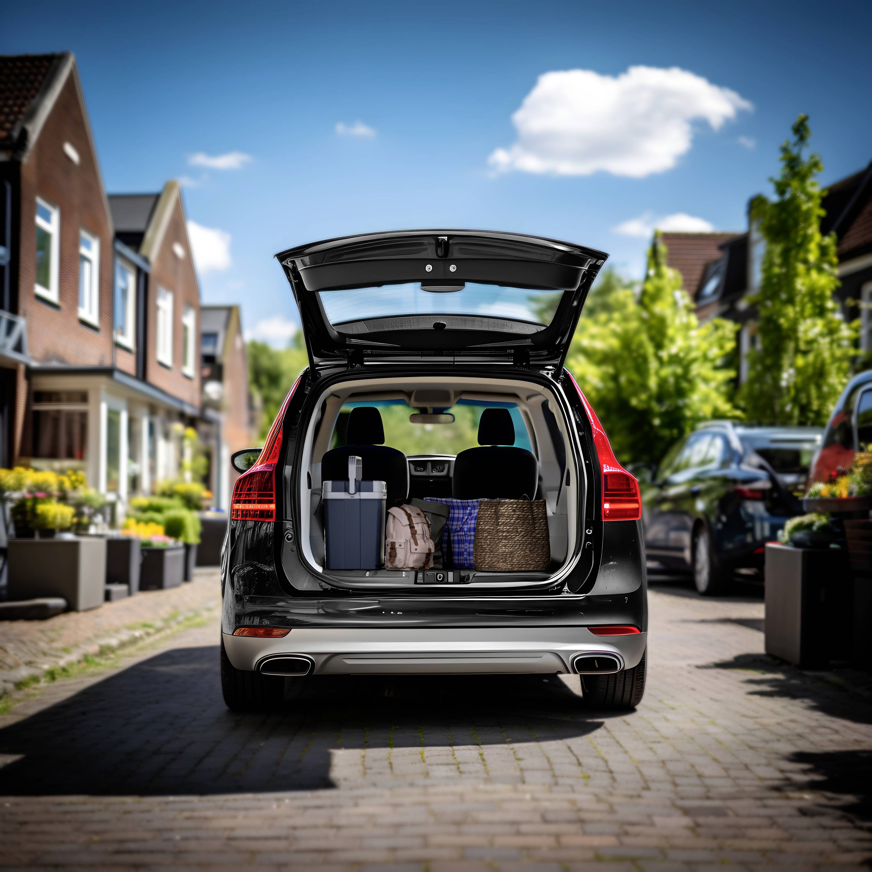 A parked car with an open boot, loaded with suitcases and a bag, stands in a sunny, quiet residential street.