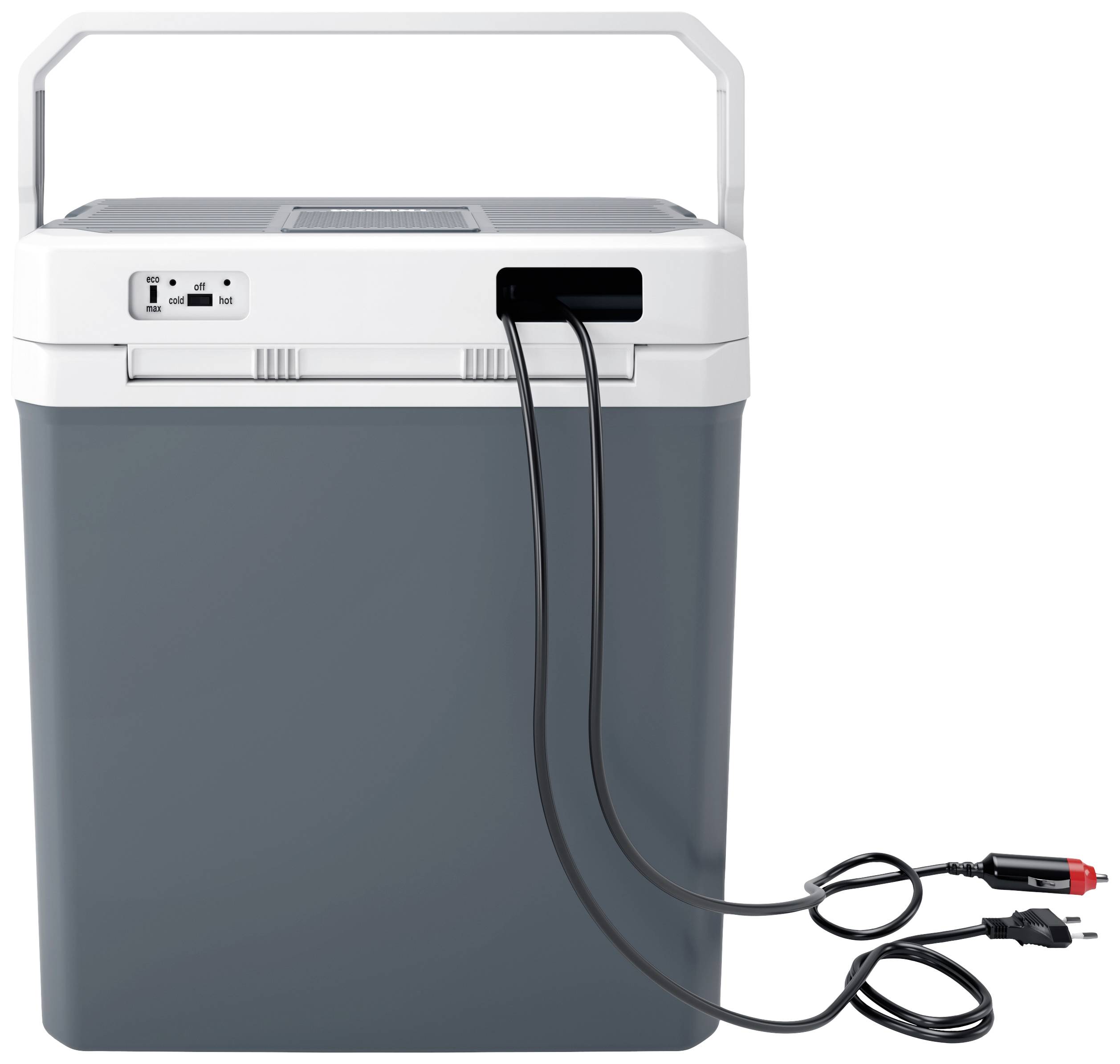 A portable grey and white cooler with a handle on top and two cables connected at the front.