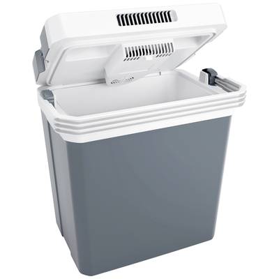 A grey cool box with an open lid, suitable for storing and keeping food cool during travels or picnics.