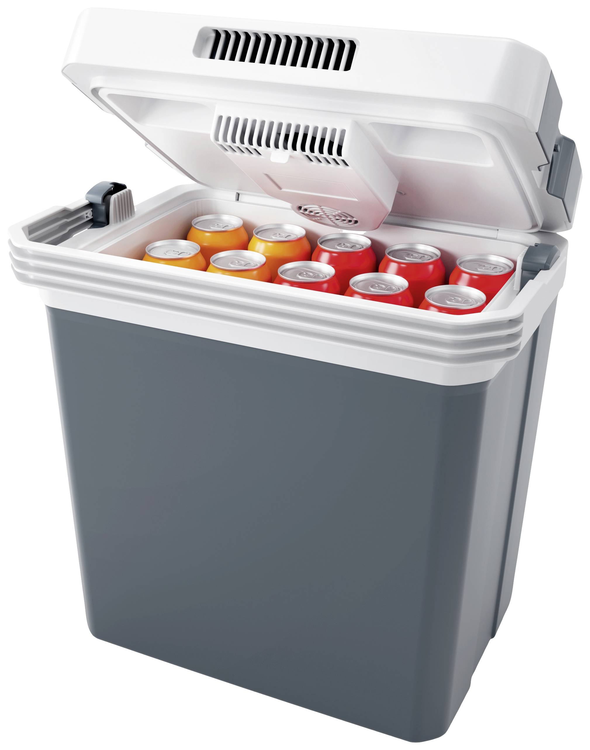 Open cool box with several beverage cans in orange and red colours, which are placed inside. It is ready to chill the drinks.
