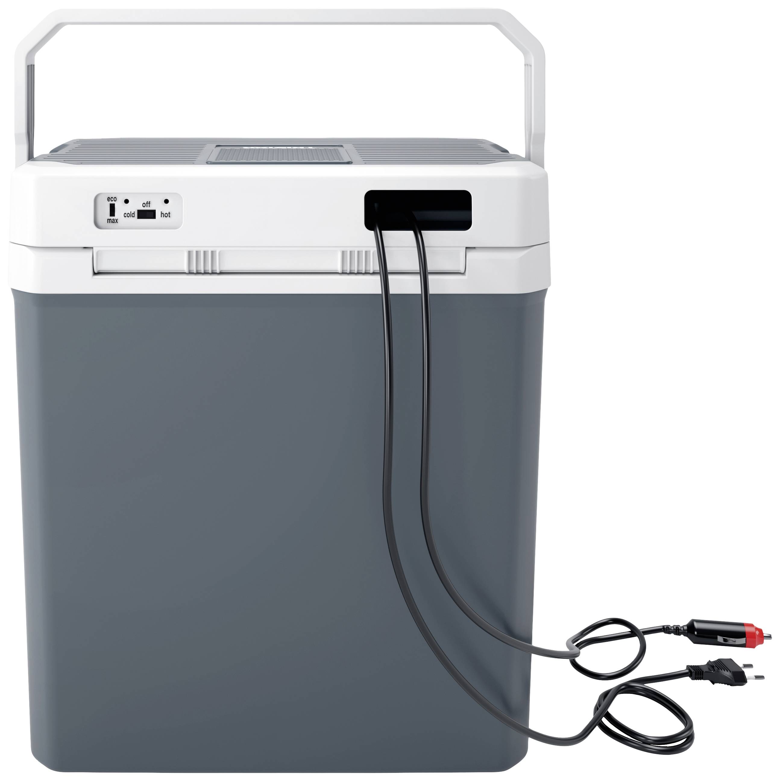 A portable cool box with handle and connection cables, suitable for use in a car. Ideal for travelling and picnics.