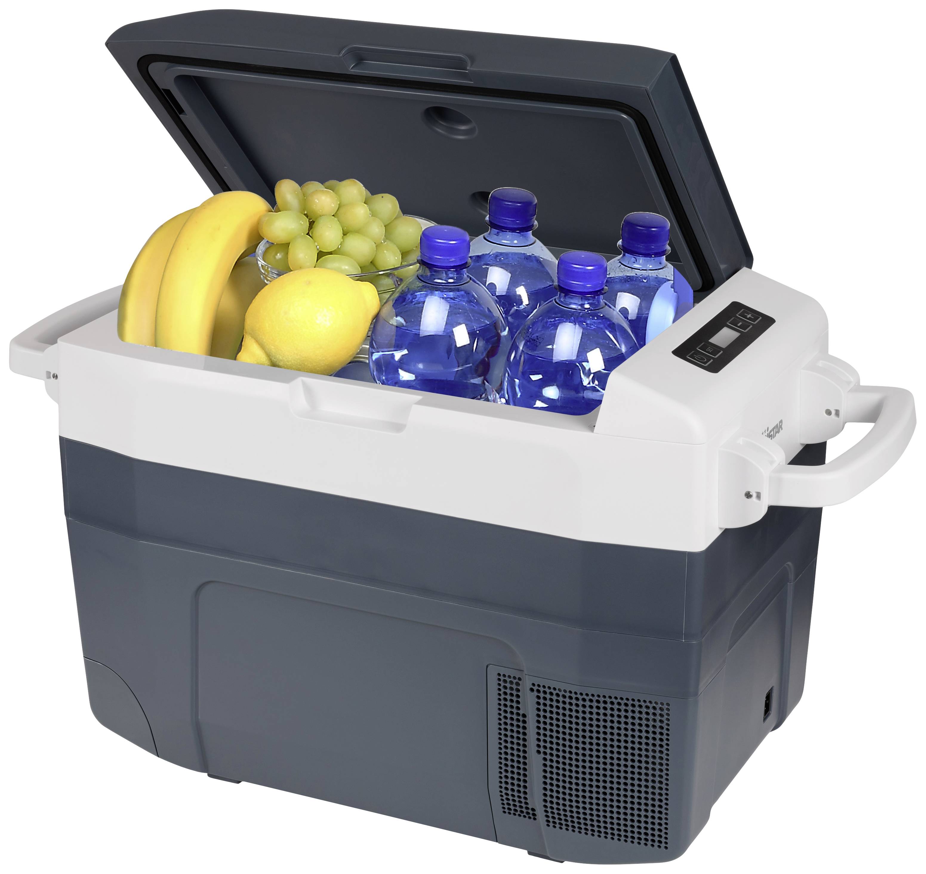 An open cool box containing bananas, grapes, a lemon and several water bottles.