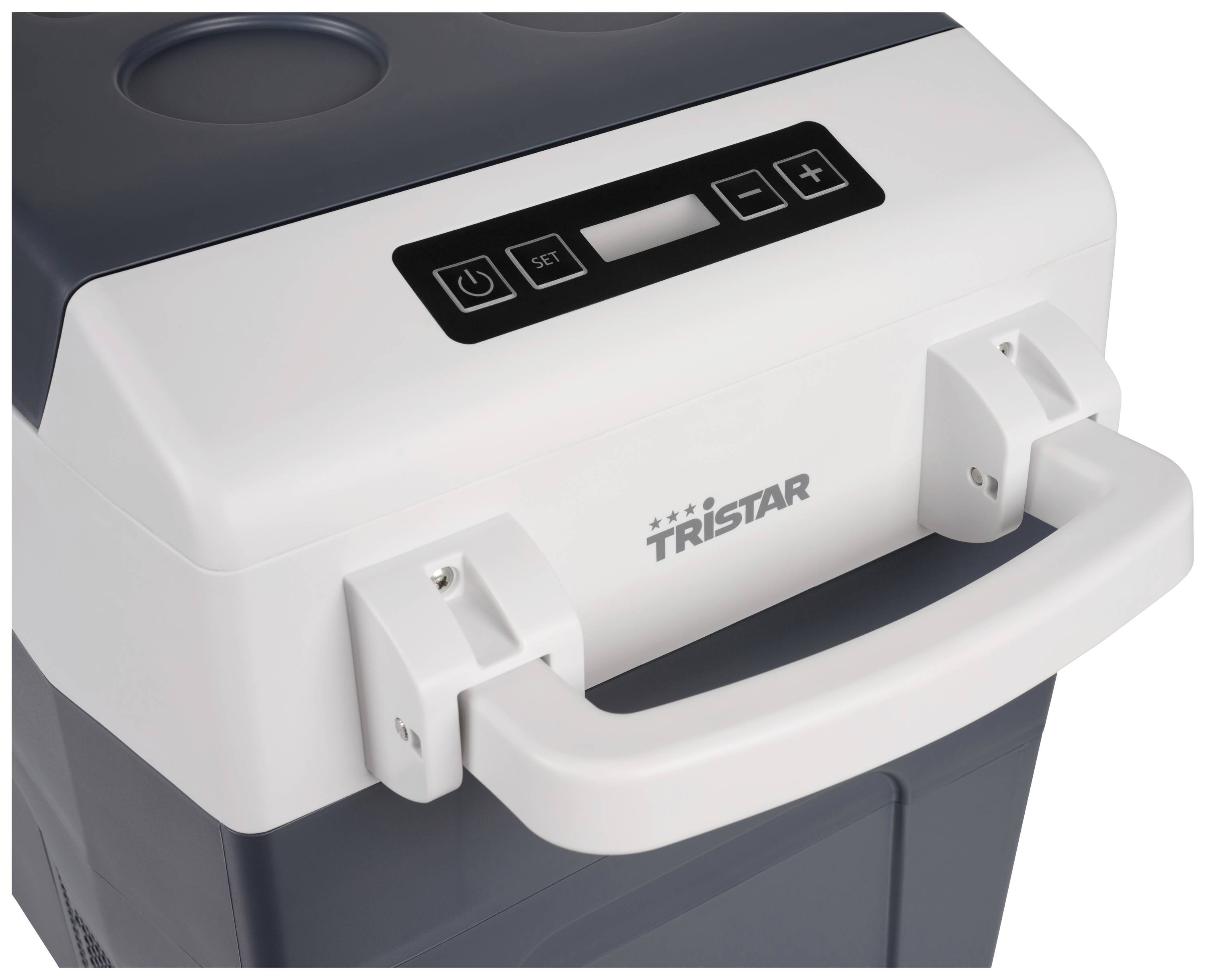 Portable cool box with digital control panel and carry handle. 'Tristar' brand type visible on the device lid.