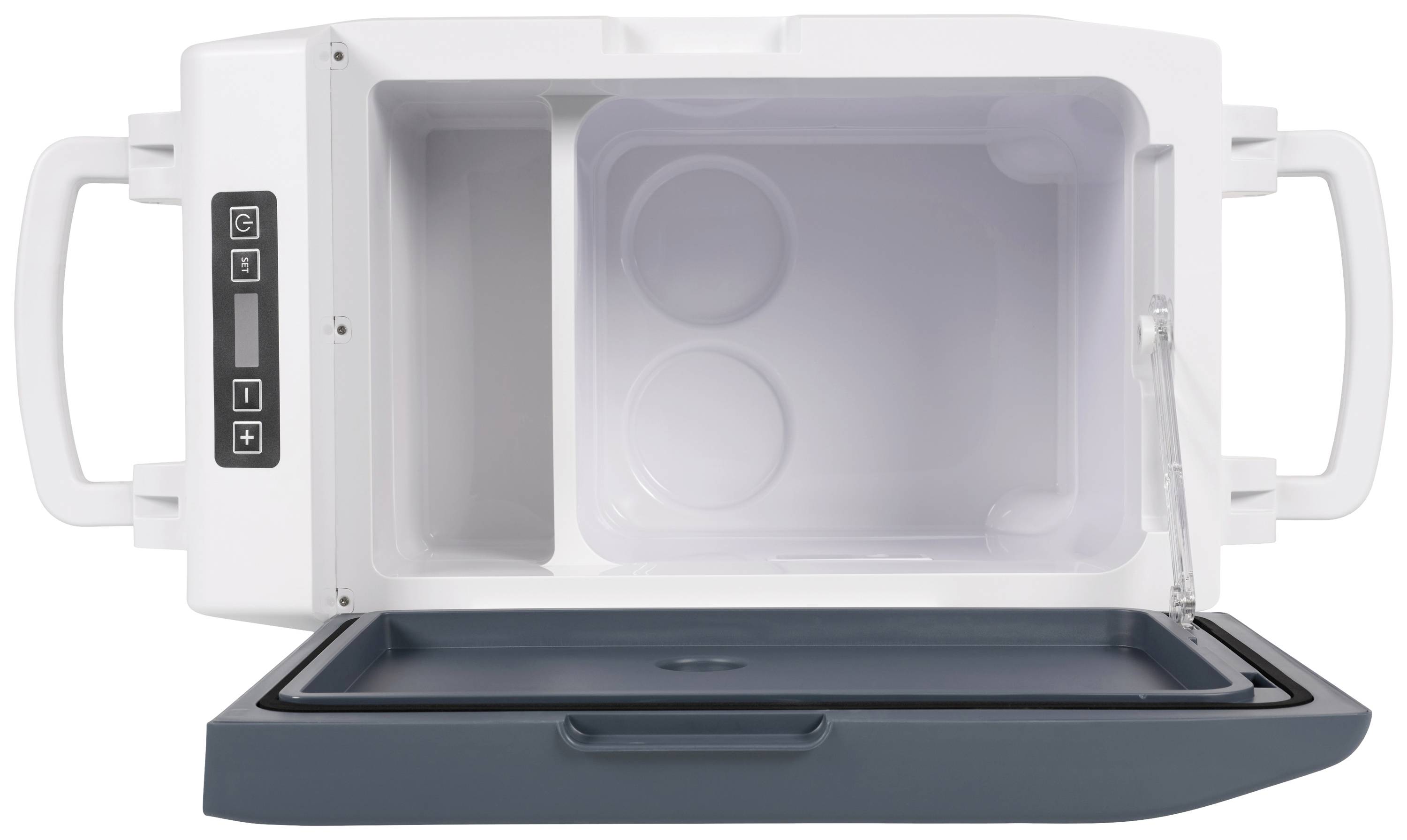 Cool box with an open lid, revealing an empty interior and a control panel on the side with buttons and a display.