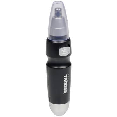 A black, battery-operated nose and ear hair trimmer by Tristar with a silver switch and a removable protective cap.