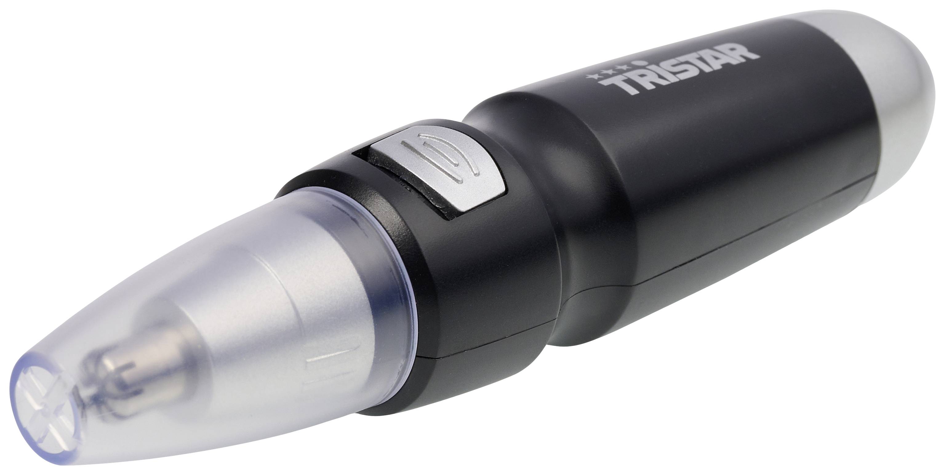 A black trimmer with the inscription 'Tristar'. It has a silver tip and a silver button for operation.