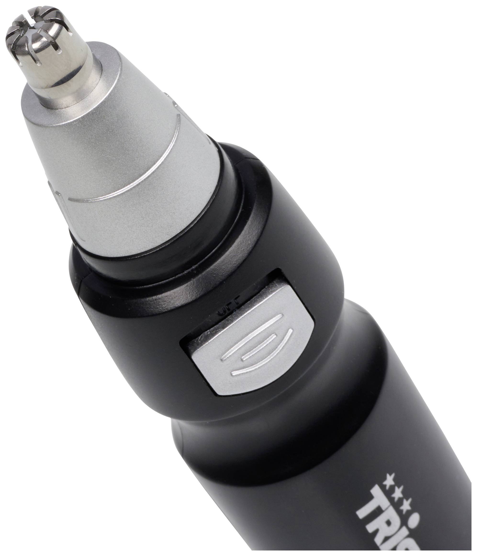 'Nose and ear hair trimmer with stainless steel head, ergonomic design and side power button, ideal for precise grooming.'