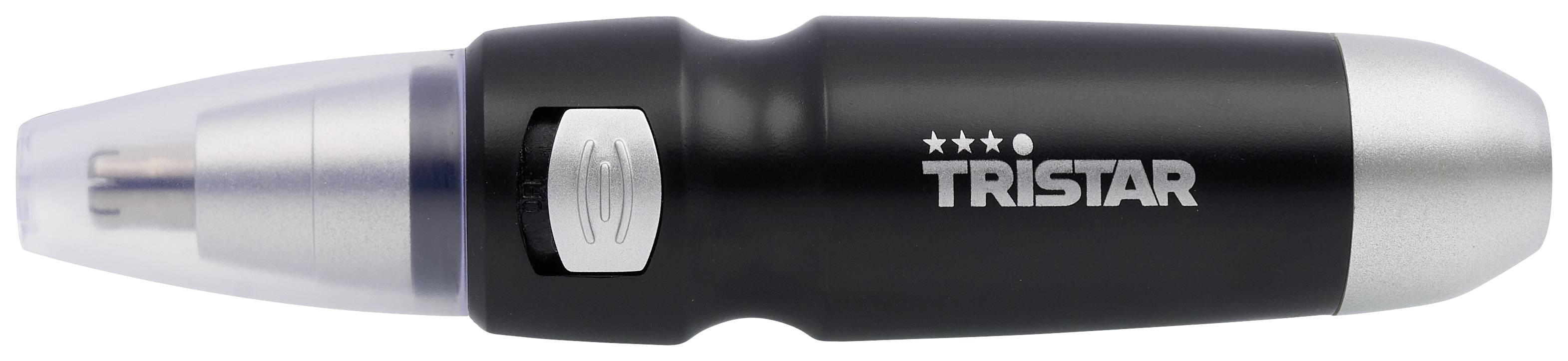 Nose hair trimmer with a black handle and silver accents, side switch, compact size, printed with the 'Tristar' brand.