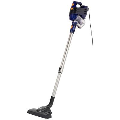 A blue, corded upright vacuum cleaner standing with a long metal tube and a black floor head.
