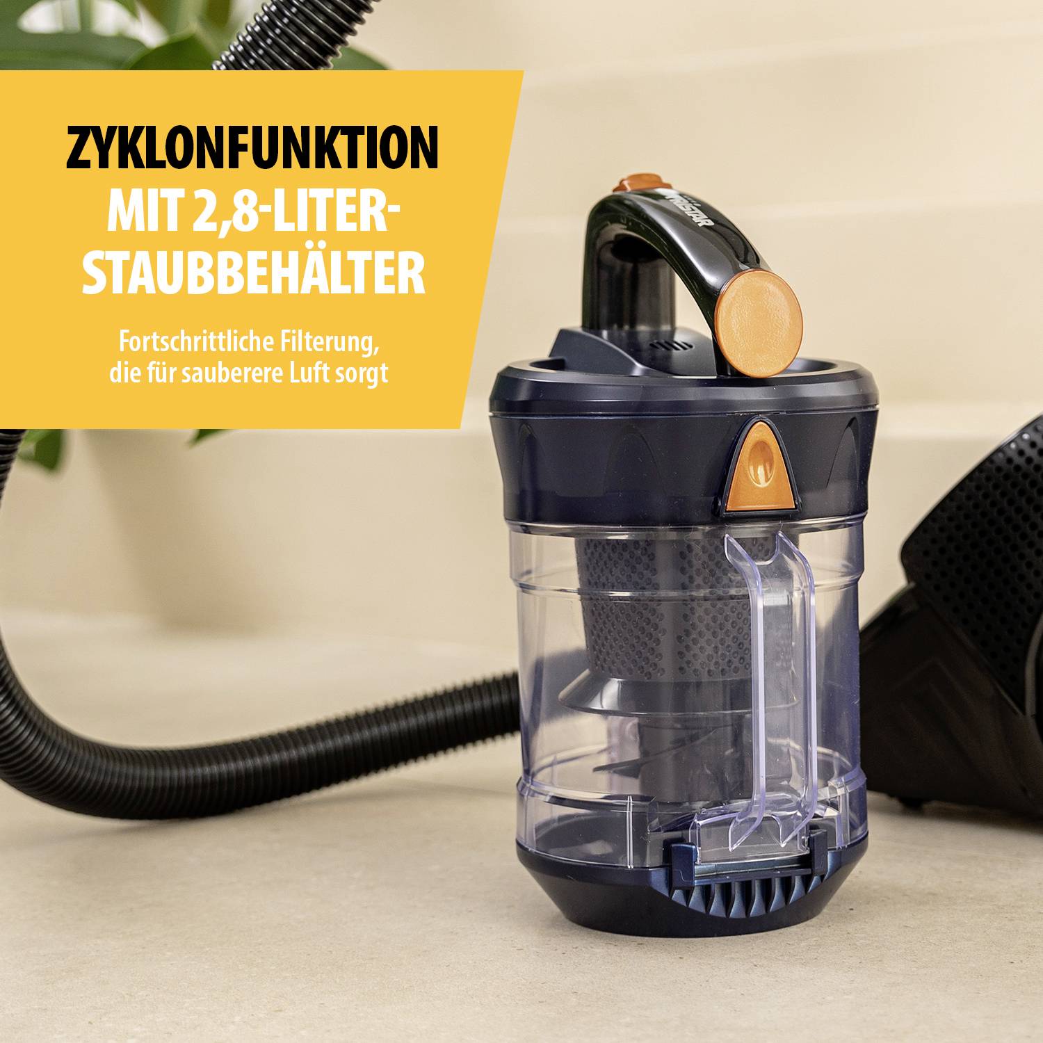 'Cyclone vacuum cleaner with a 2.8-litre dust container, ensuring clean air.'