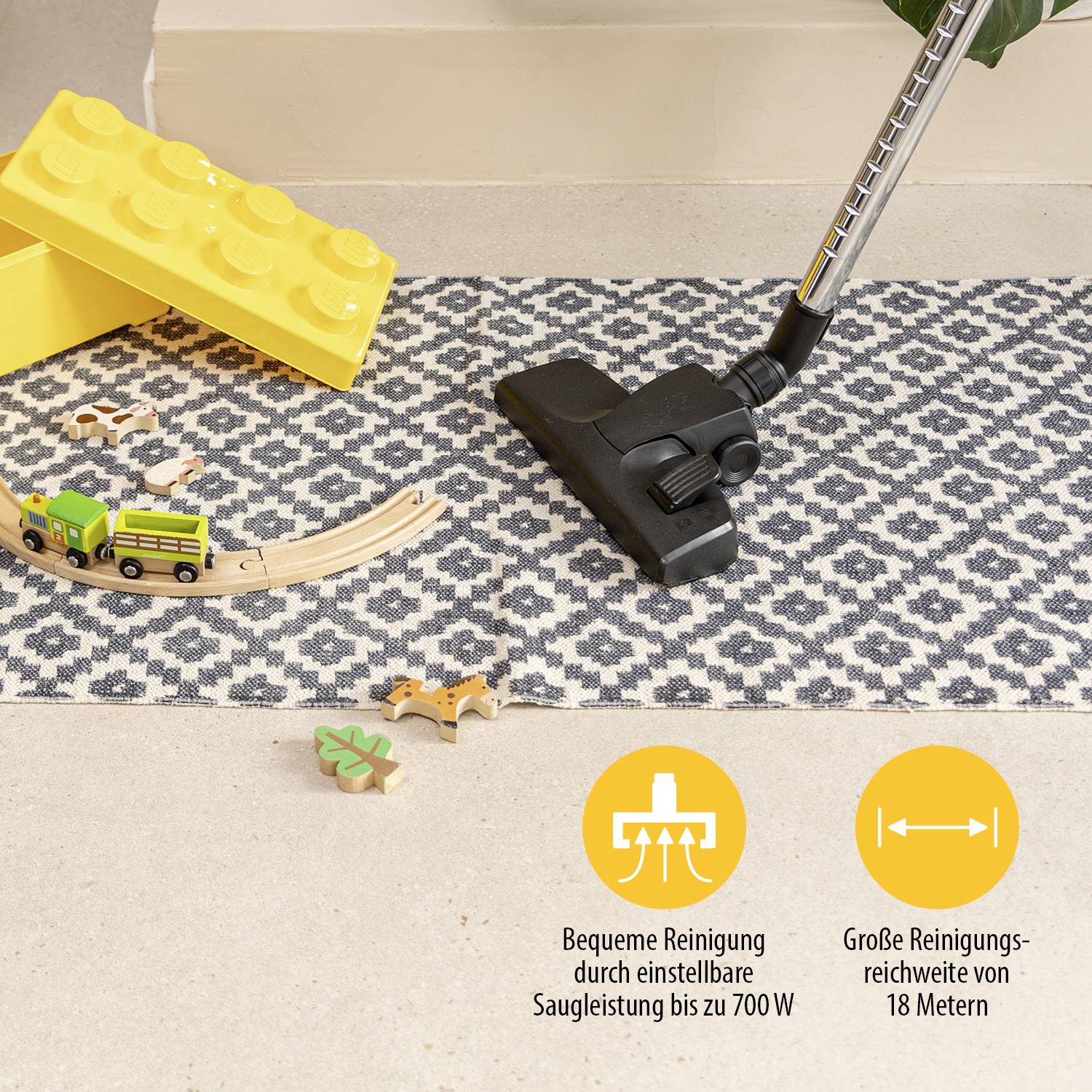 A vacuum cleaner is cleaning a carpet with toys on it. Bottom right text: 'Convenient Cleaning', 'Reach of 18 Metres'.