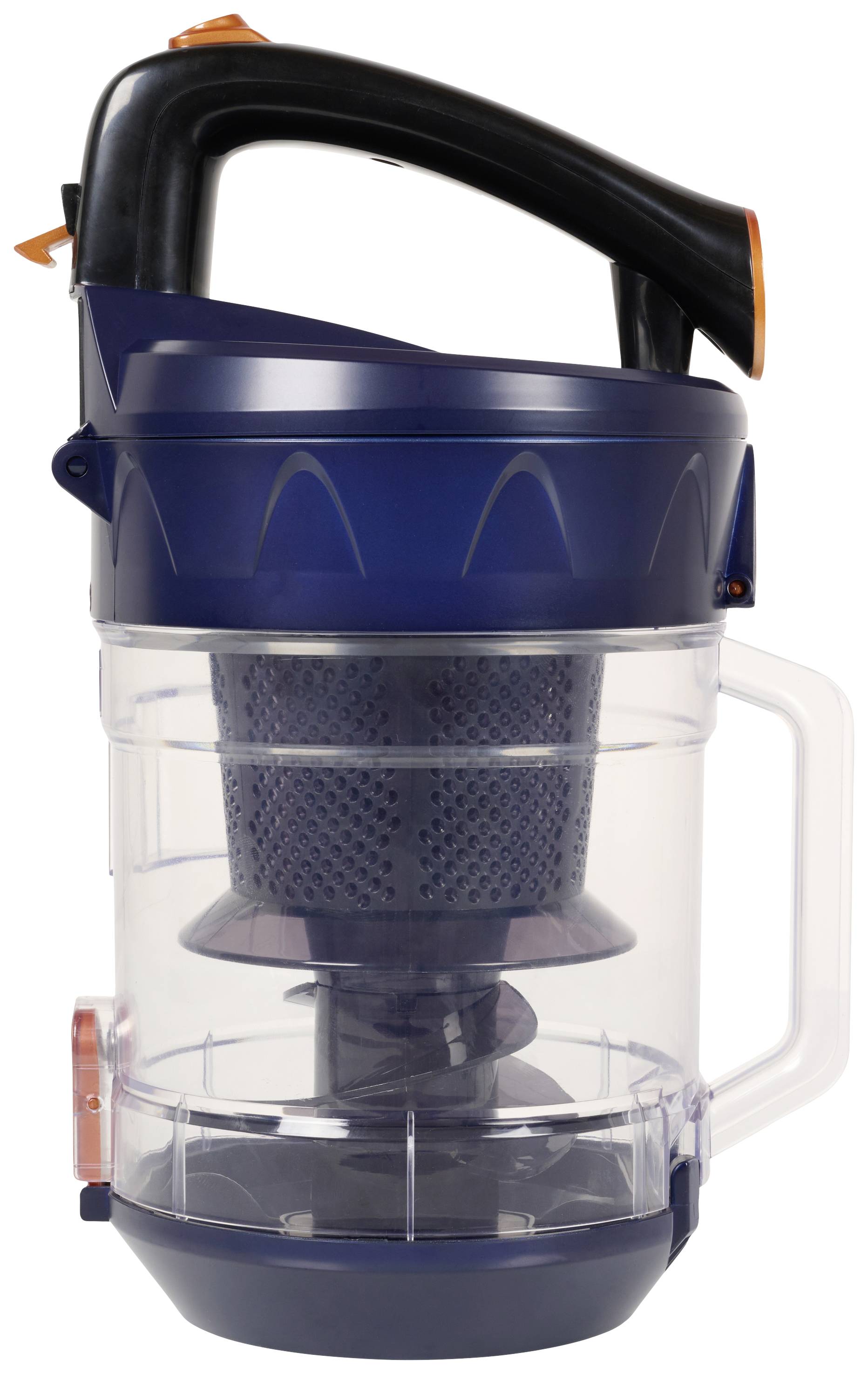 A blue vacuum cleaner container with a black handle and transparent outer casing, allowing visibility of the filter and dust collection chamber.