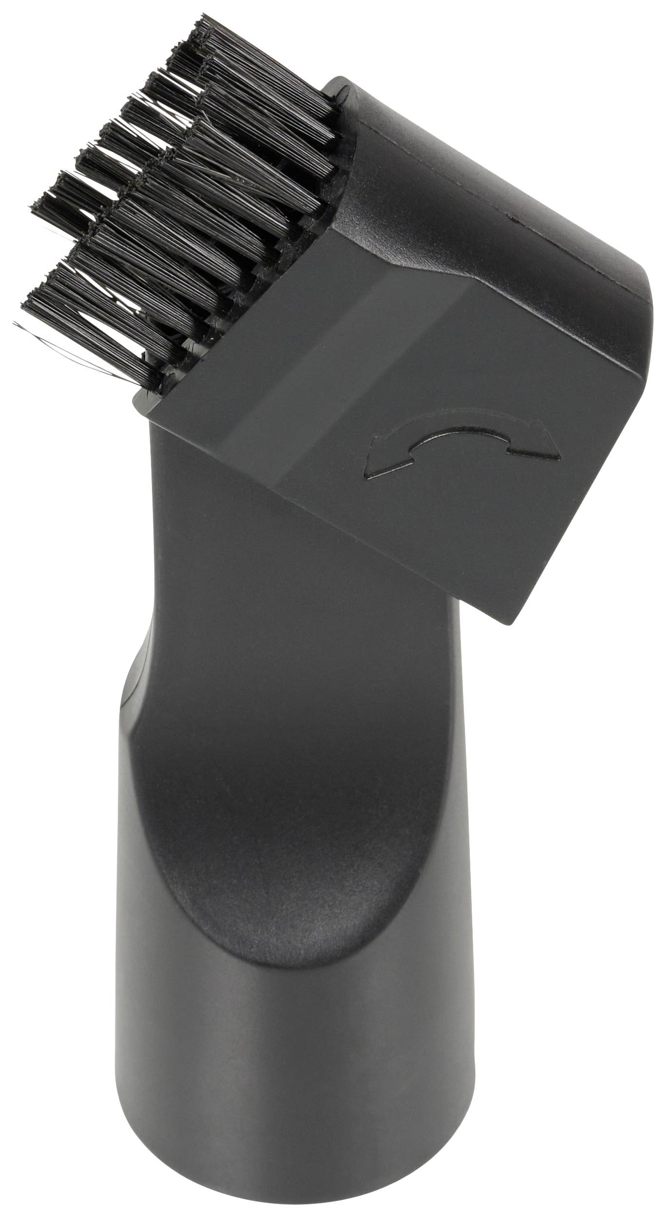 A curved vacuum cleaner brush attachment, black, with bristles at the tip. Suitable for cleaning tight or hard-to-reach areas.