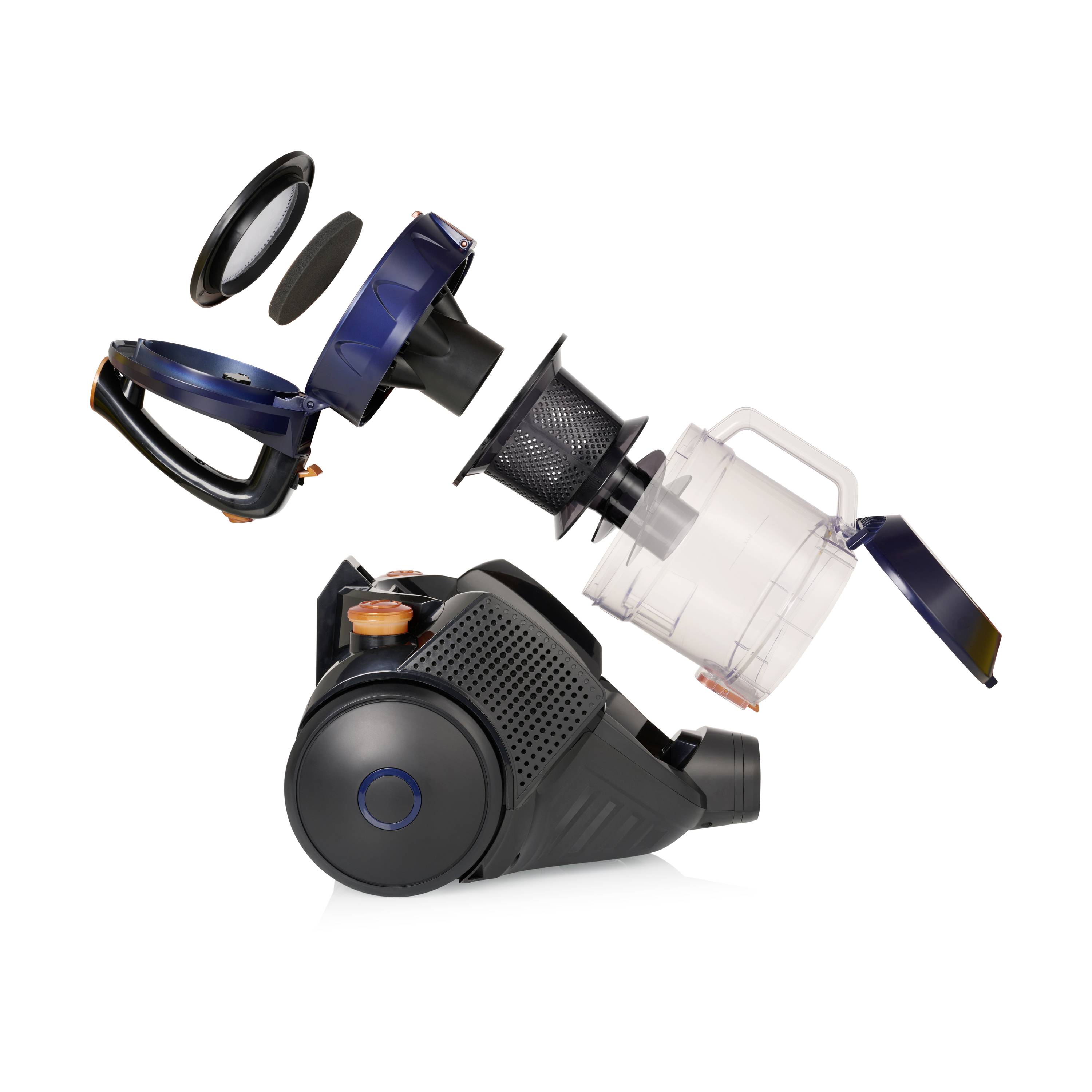 Vacuum cleaner with a removable dust container and dismantled parts, demonstrating easy cleaning and maintenance.