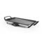 Black electric griddle with two side handles and temperature control, suitable for indoor and outdoor use.