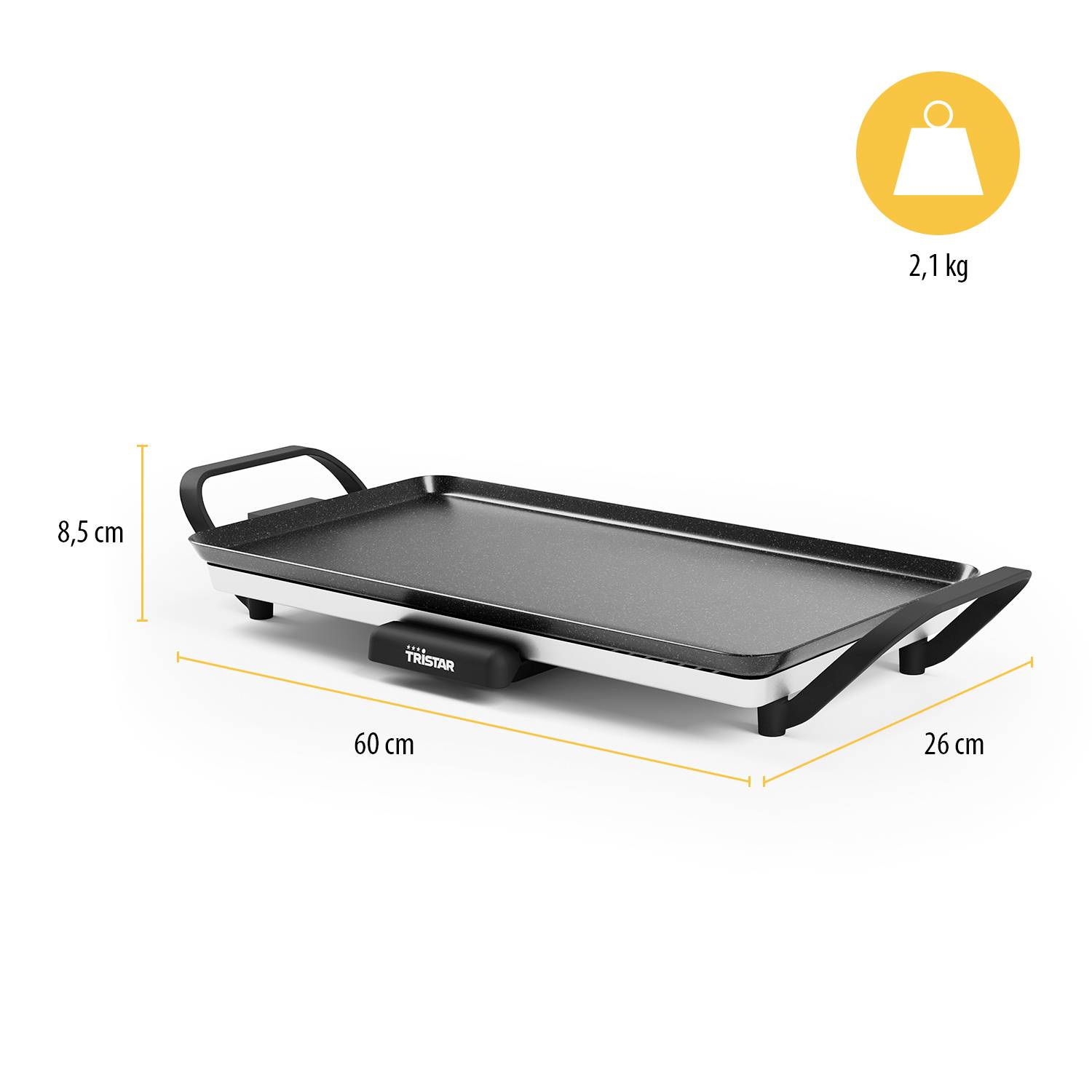Electric griddle with handles shows dimensions: 60 cm long, 26 cm wide, 8.5 cm high. Weight symbol top right: 2.1 kg.