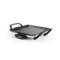 Electric barbecue in a square shape with black handles and a grey cooking surface; designed for tabletop grilling.