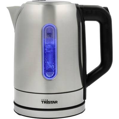 A stainless steel electric kettle with a black handle, featuring a transparent window with blue lighting and 'TRISTAR' branding.