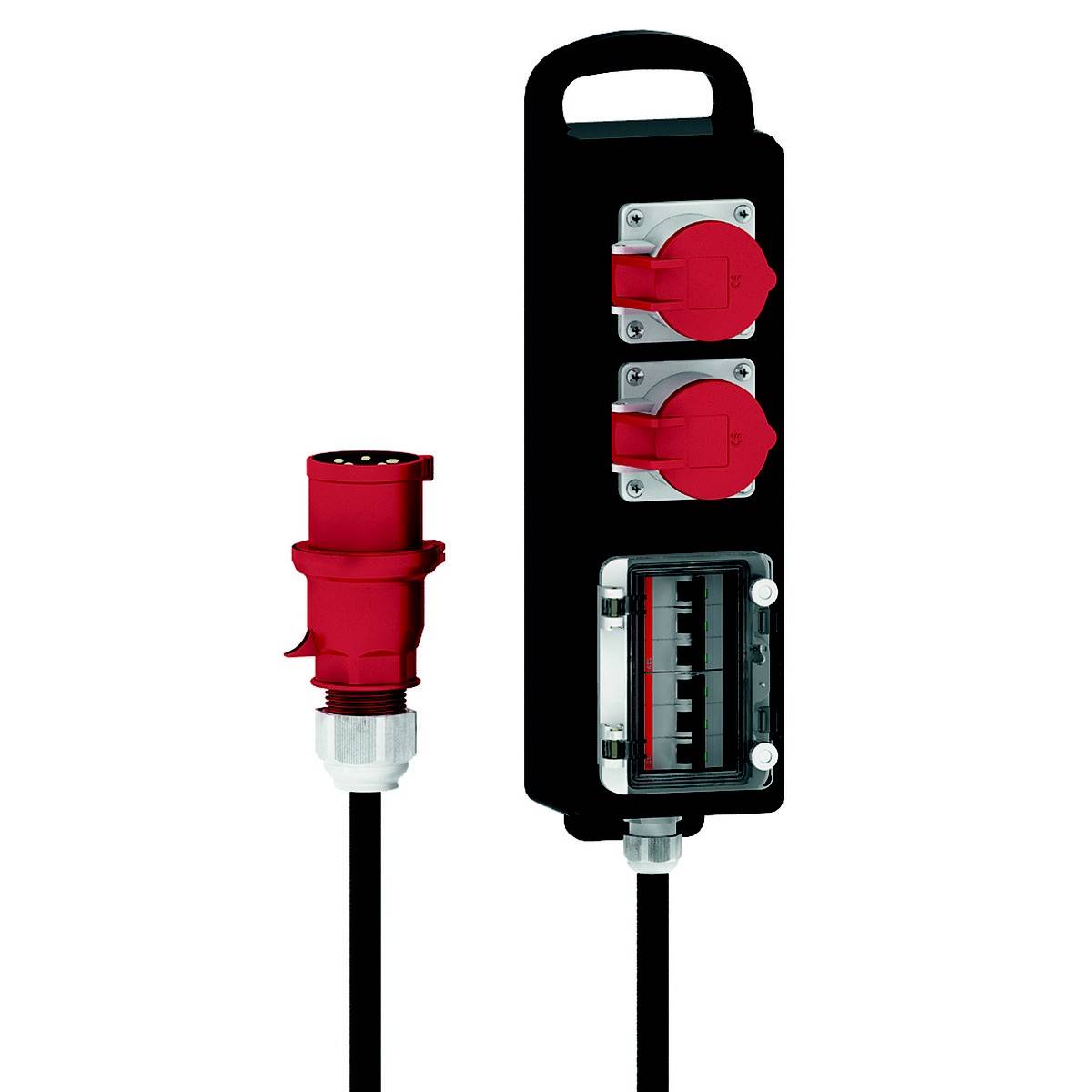 'Industrial power strip with two red sockets and three circuit breakers. Suitable for heavy electrical equipment.'