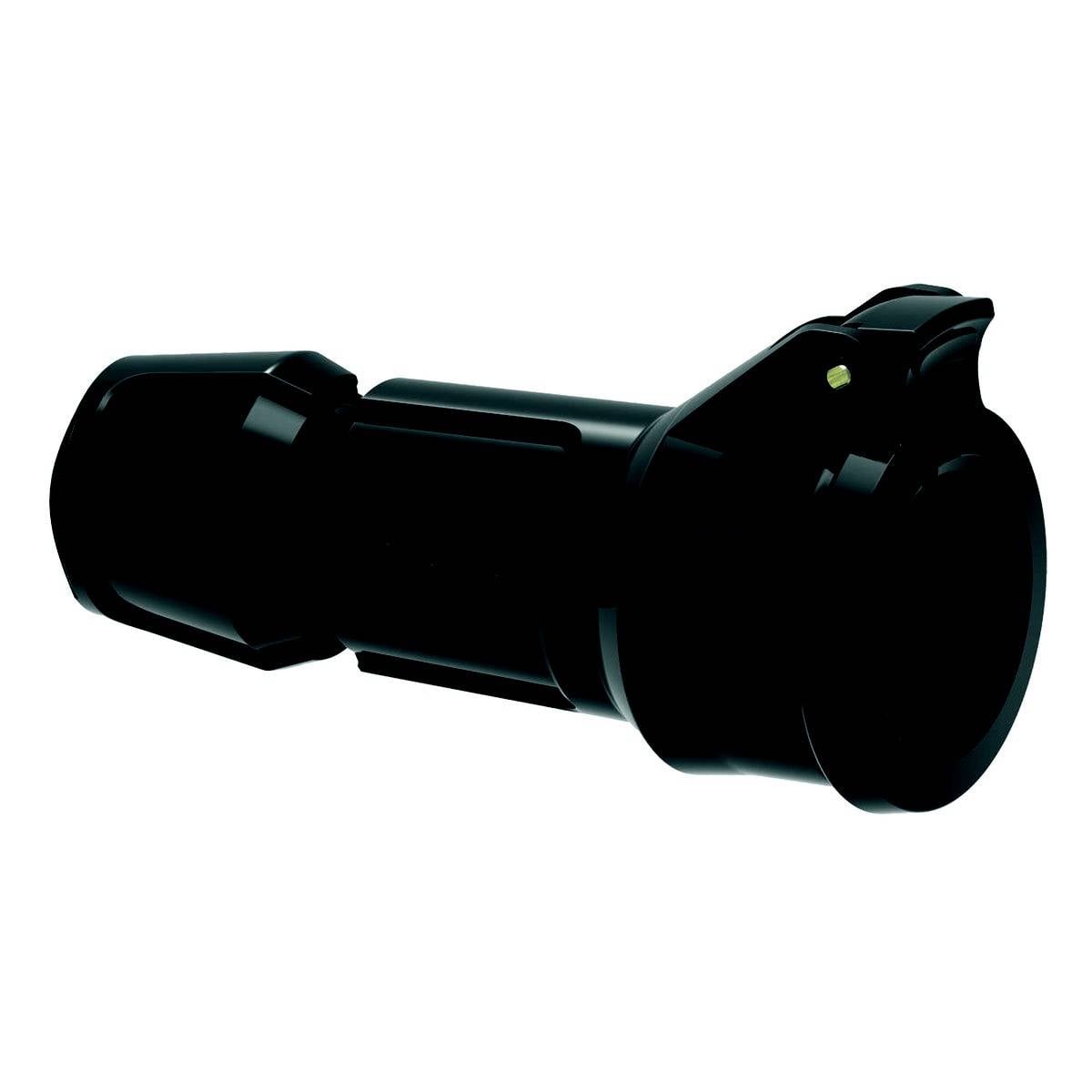 A black plastic plug with a protective cap, cylindrical in shape, likely suitable for electrical applications in the automotive sector.