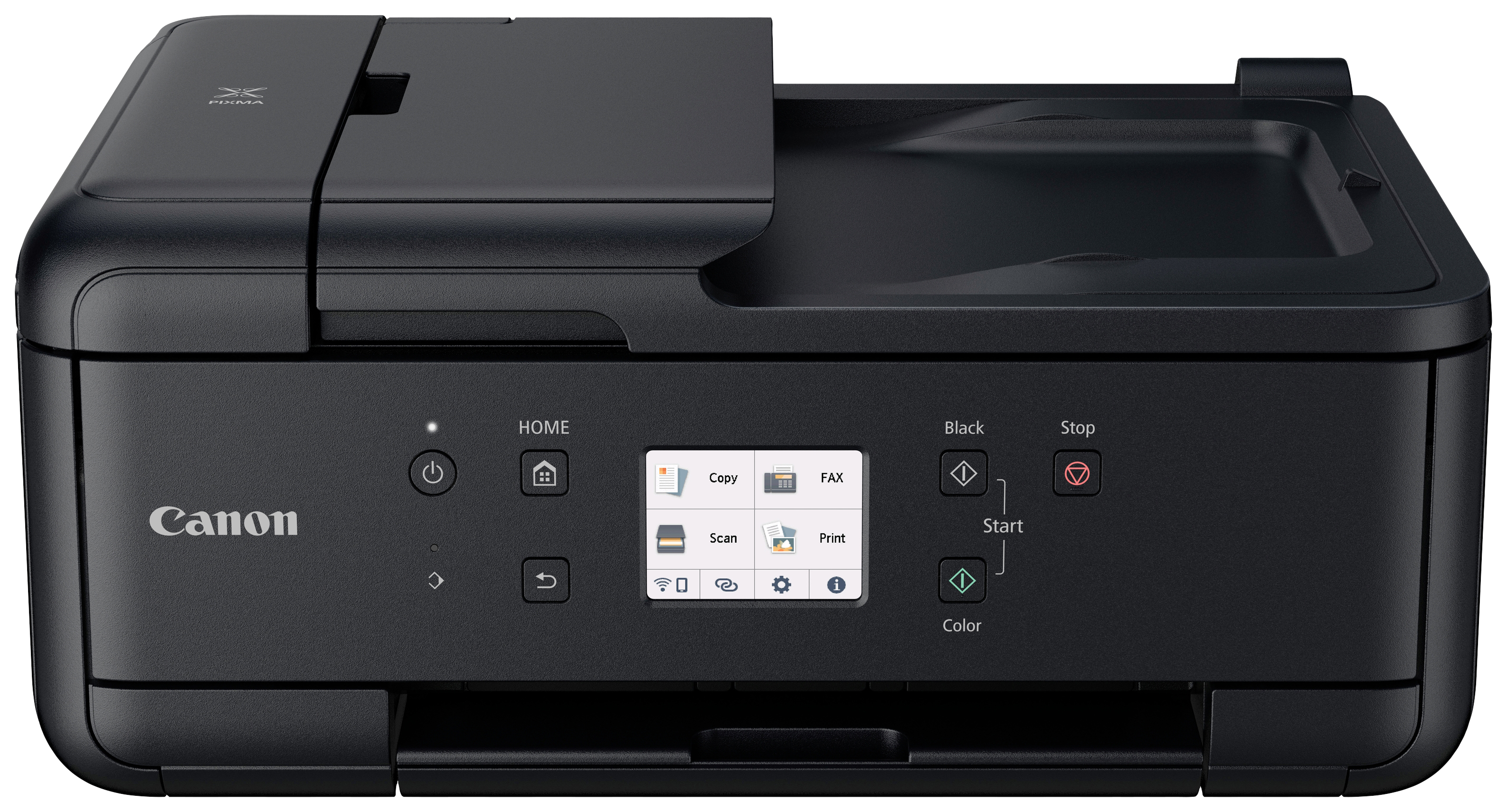 A black multifunction printer with a touchscreen display, showing options for copying, scanning, faxing and printing.