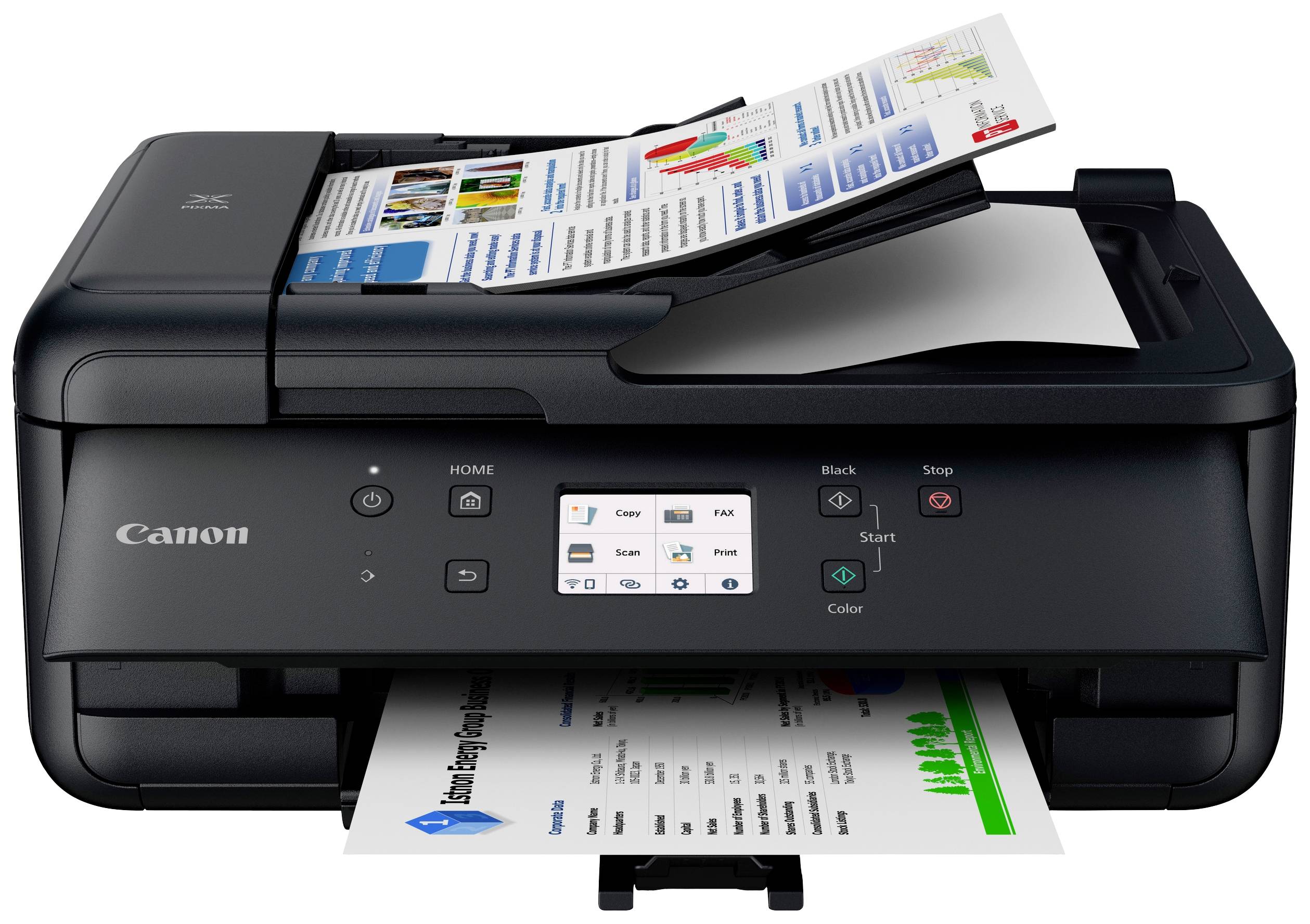 Multifunction printer prints a document while another is being scanned. Main control buttons visible on the front panel.