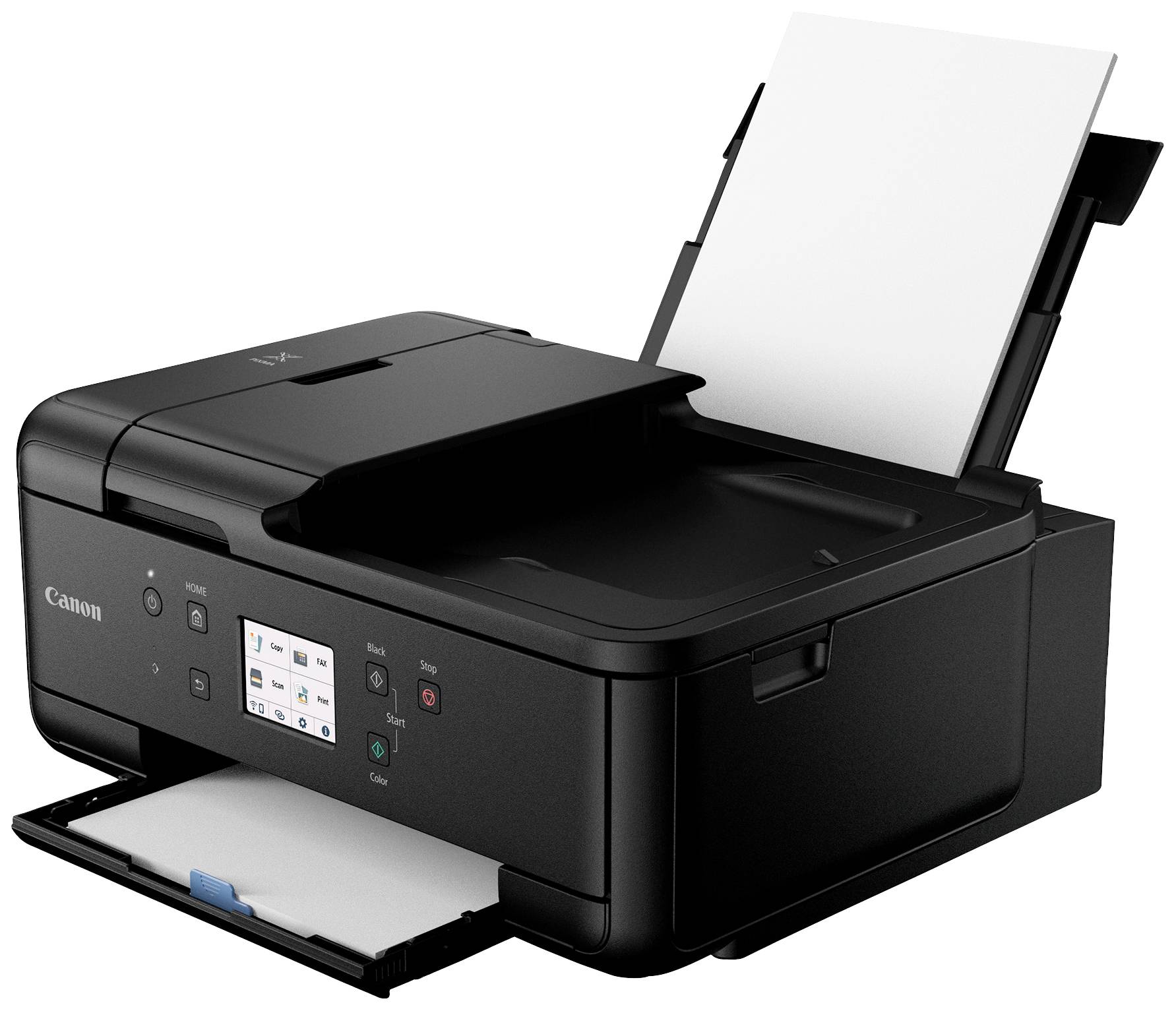 Black inkjet printer with open paper feed at the top and paper output at the bottom. Digital display shows print status.