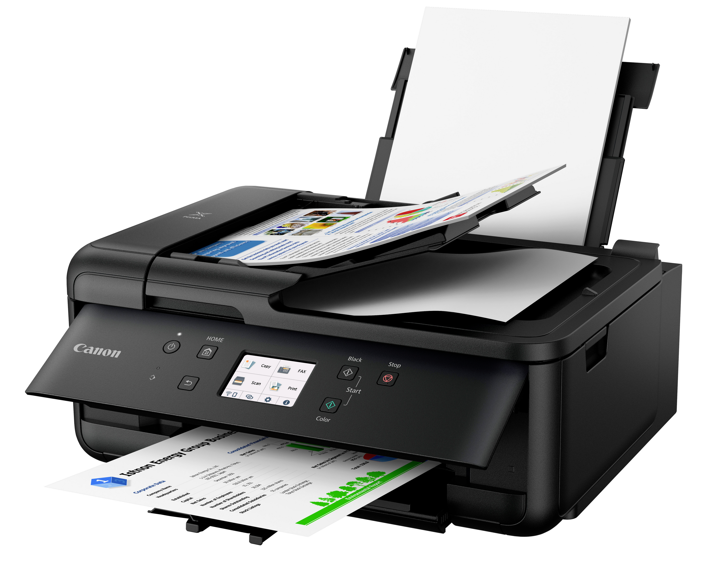 A black multifunction printer is printing a coloured document with diagrams and text. Paper feed at the back, output tray at the front.