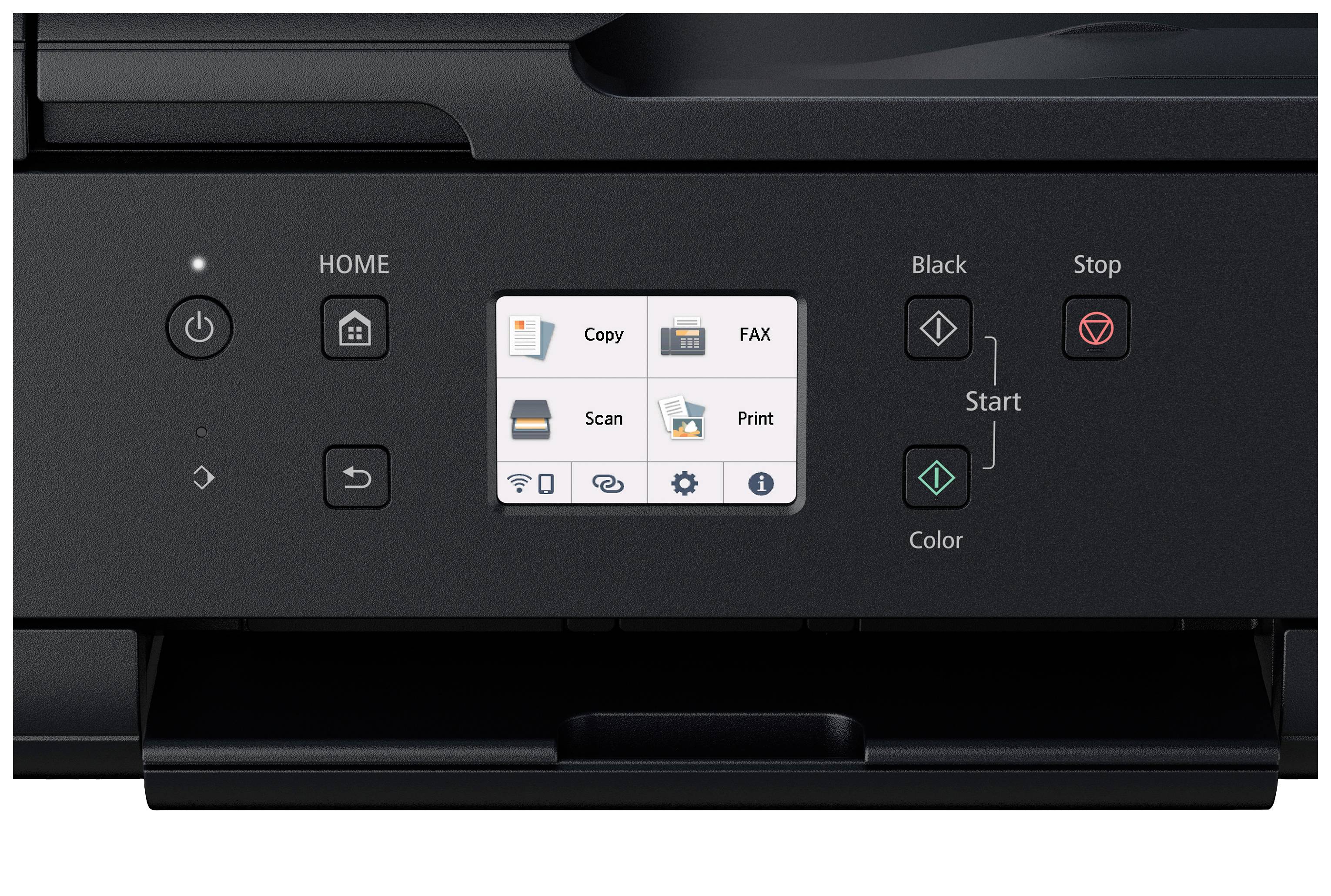 The image shows the control panel of a printer with a display and buttons for 'Copy', 'Fax', 'Scan' and 'Print'.