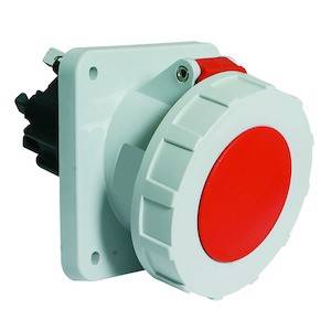 A large, red emergency stop switch on a white background. The switch is circular and mounted in a white housing.