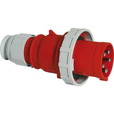 Red industrial plug with three metal pins and grey twist lock, used for heavy-duty electrical connections.