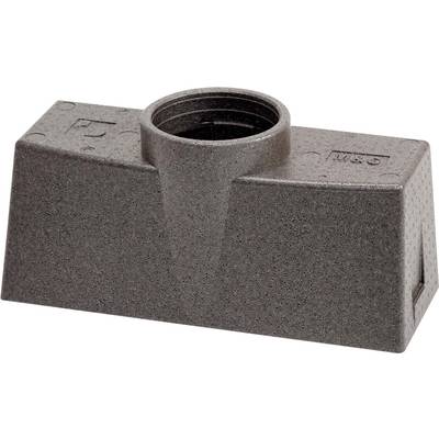 Grey plastic component with a cylindrical opening at the top and a rectangular base, likely for pipe connections or technical applications.