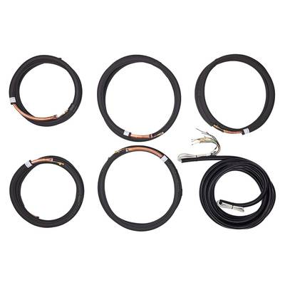 Five black cable reels, four with copper end connectors and one with exposed wire ends. Note on installation requirements.