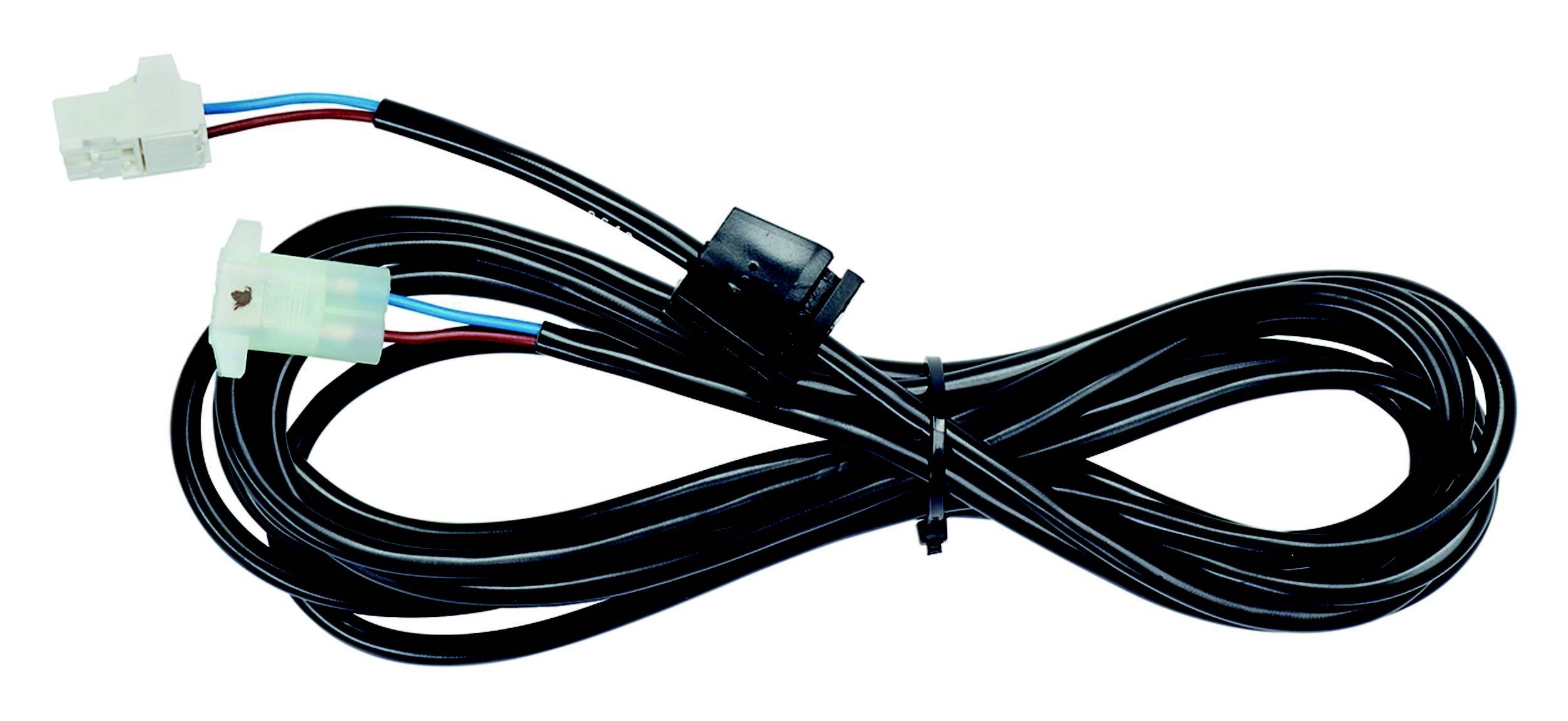 A black cable with two different connectors at its ends. One of the ends has three wires: blue, red and black.