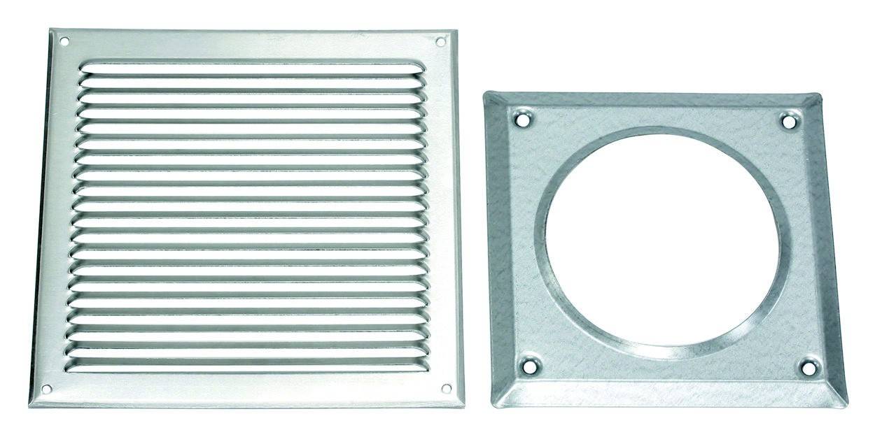 Metal mesh cover on the left and round metal plate with a hole on the right, both with screw holes at the corners, on a white background.
