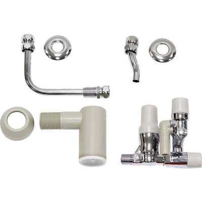 Various plumbing fixtures, including a curved pipe, chrome-coloured covers and connecting pieces.