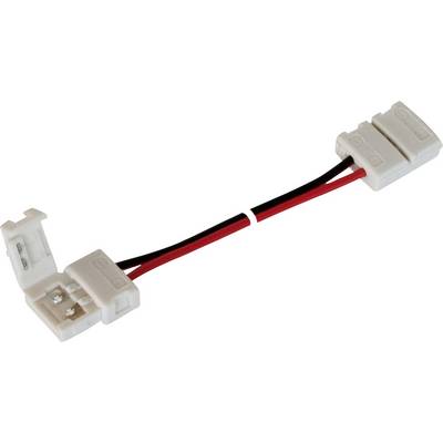 A LED connector with a short cable, comprising two white connection terminals and a red and black cable for power transmission.
