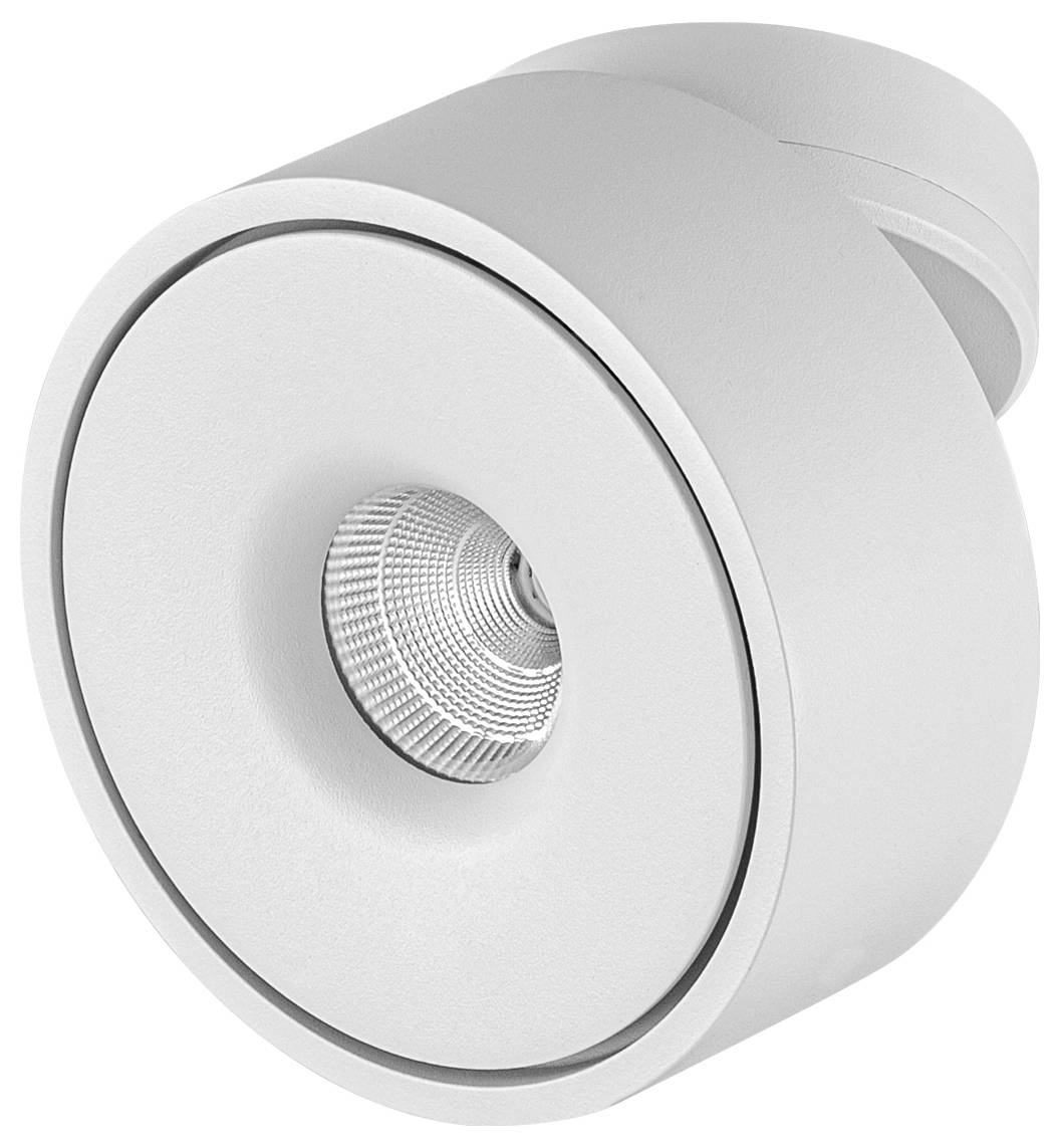 White recessed ceiling spotlight with circular adjustable trim and centered LED lamp on a plain background.